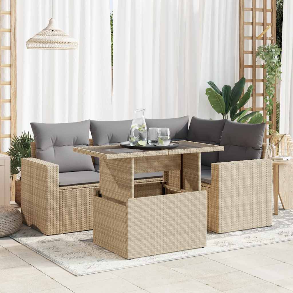 5-tlg. Garten-Sofagarnitur mit Kissen Schwarz Poly Rattan
