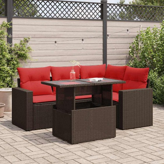 5-teiliges Gartensofa-Set mit Kissen, schwarzes Polyrattan