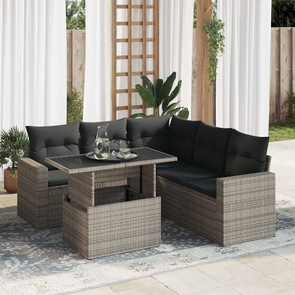 6-tlg. Garten-Sofagarnitur mit Kissen Schwarz Poly Rattan