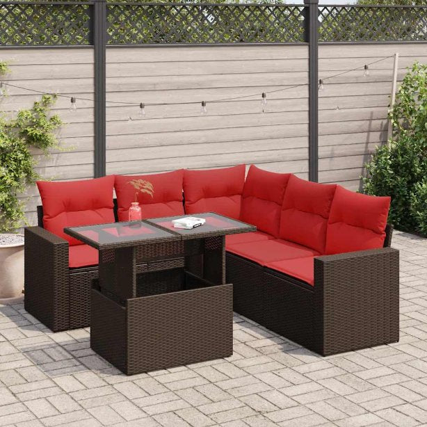 6-teiliges Gartensofa-Set mit Kissen, schwarzes Polyrattan