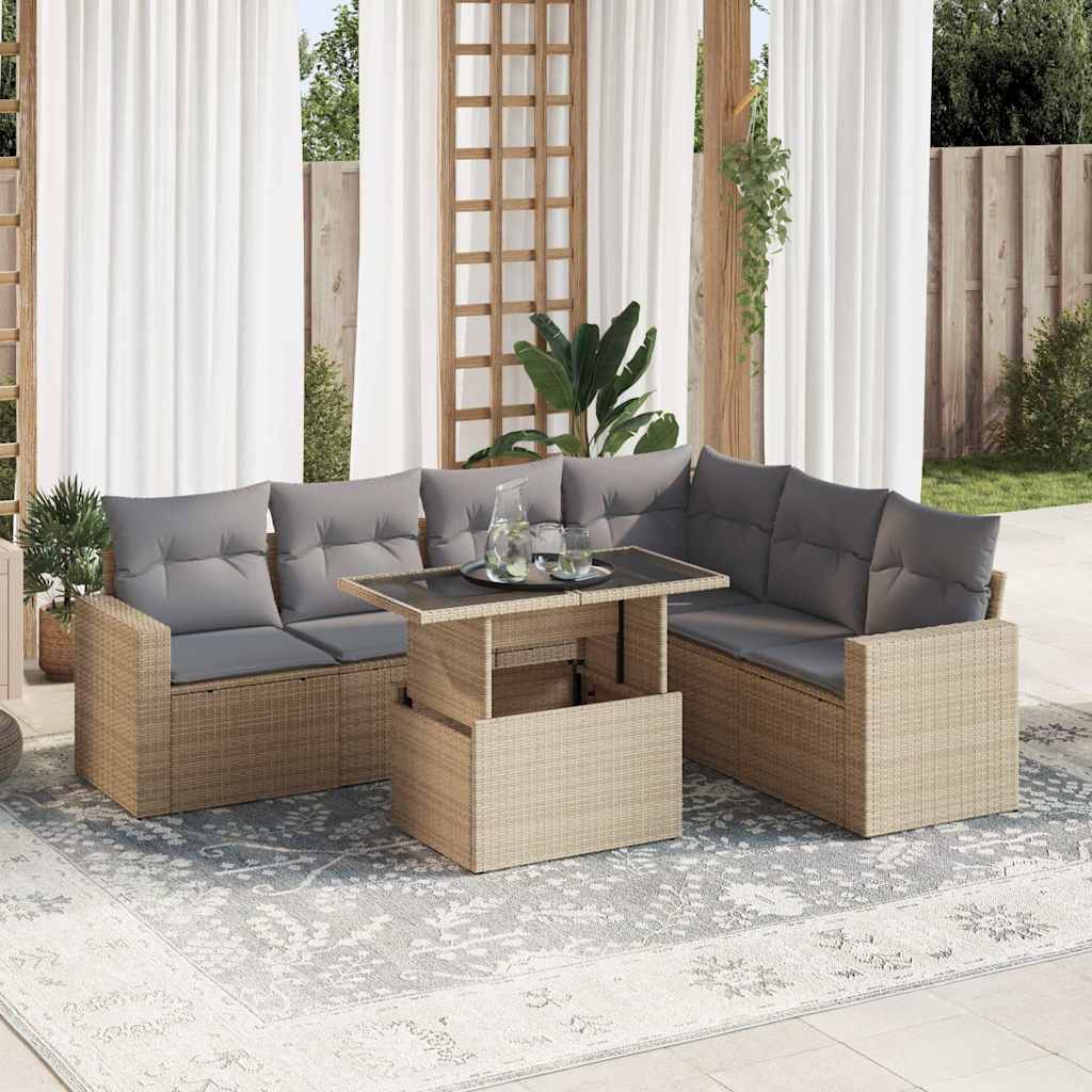 7-tlg. Garten-Sofagarnitur mit Kissen Schwarz Poly Rattan