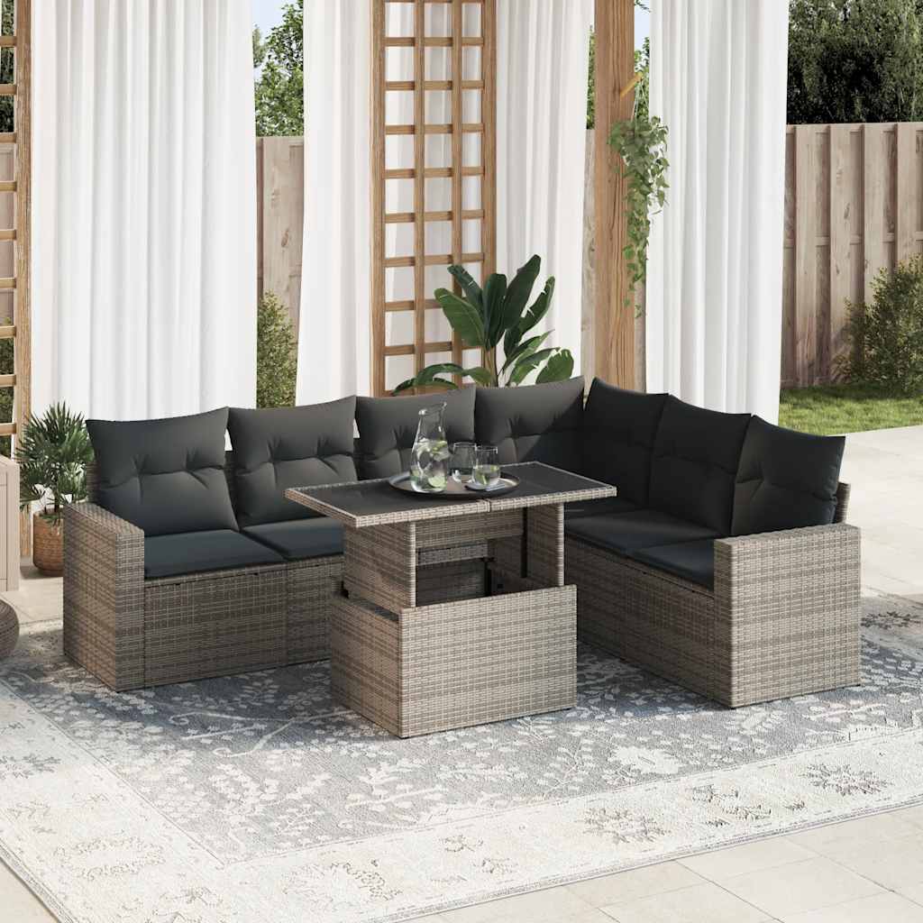 7-tlg. Garten-Sofagarnitur mit Kissen Schwarz Poly Rattan