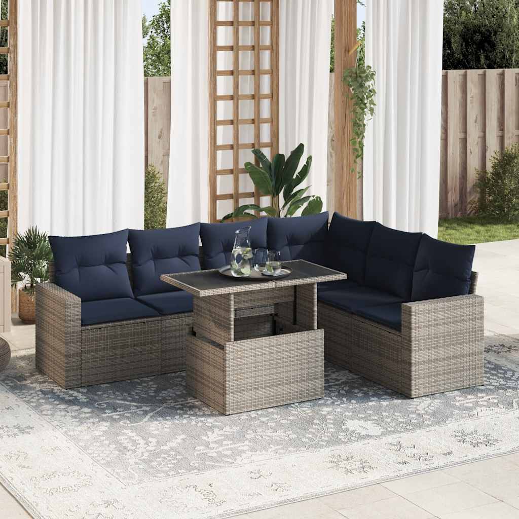 7-teiliges Gartensofa-Set mit Kissen, schwarzes Polyrattan
