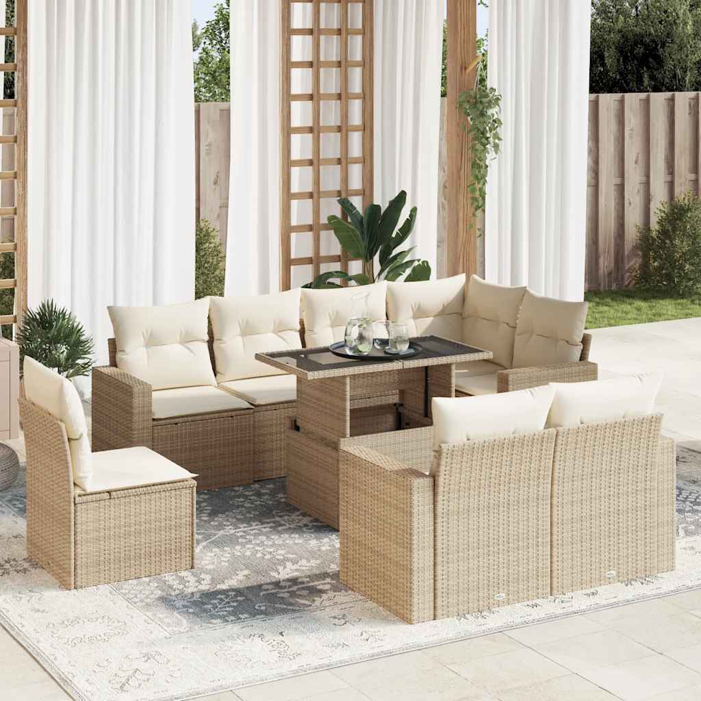 9-tlg. Garten-Sofagarnitur mit Kissen Schwarz Poly Rattan