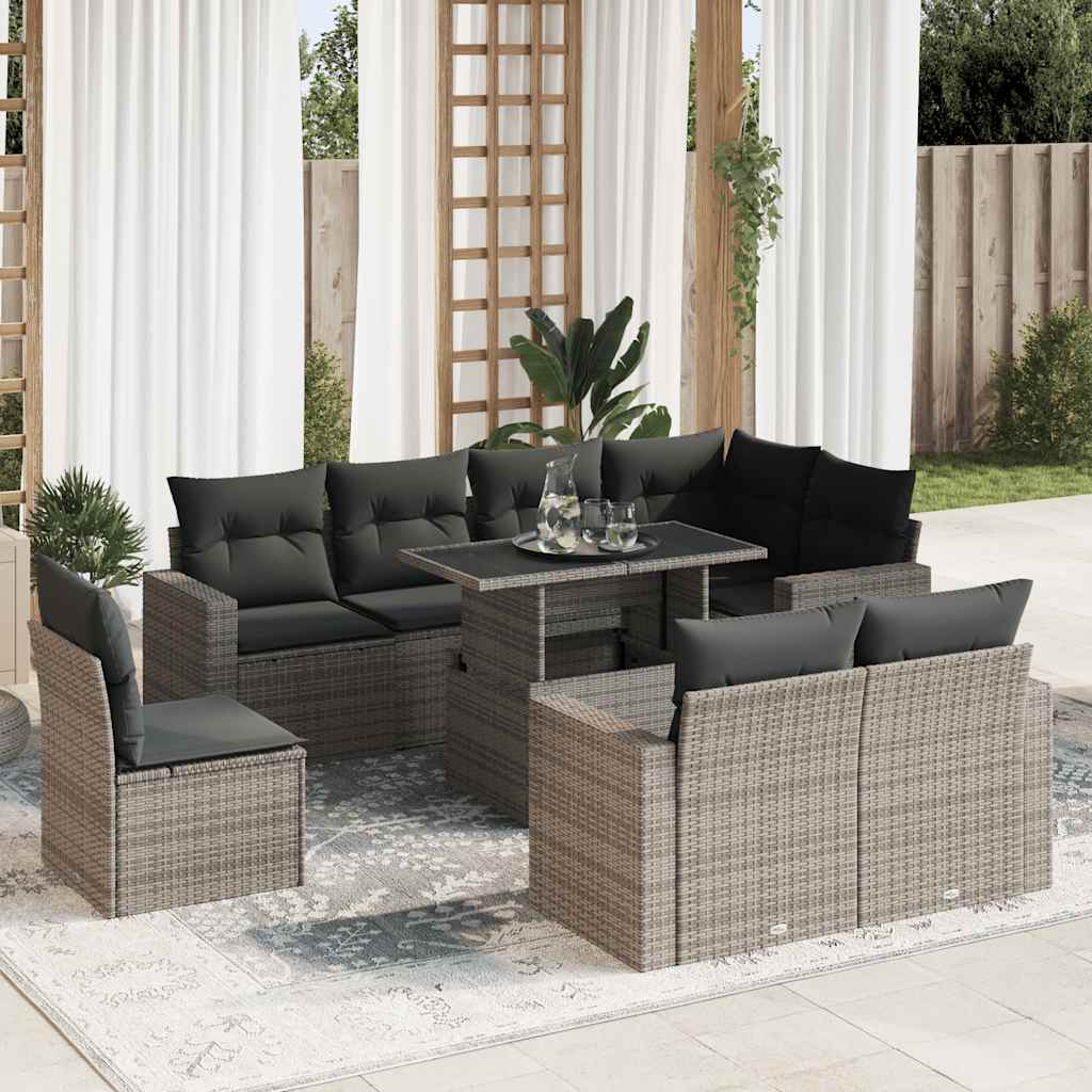 9-tlg. Garten-Sofagarnitur mit Kissen Schwarz Poly Rattan