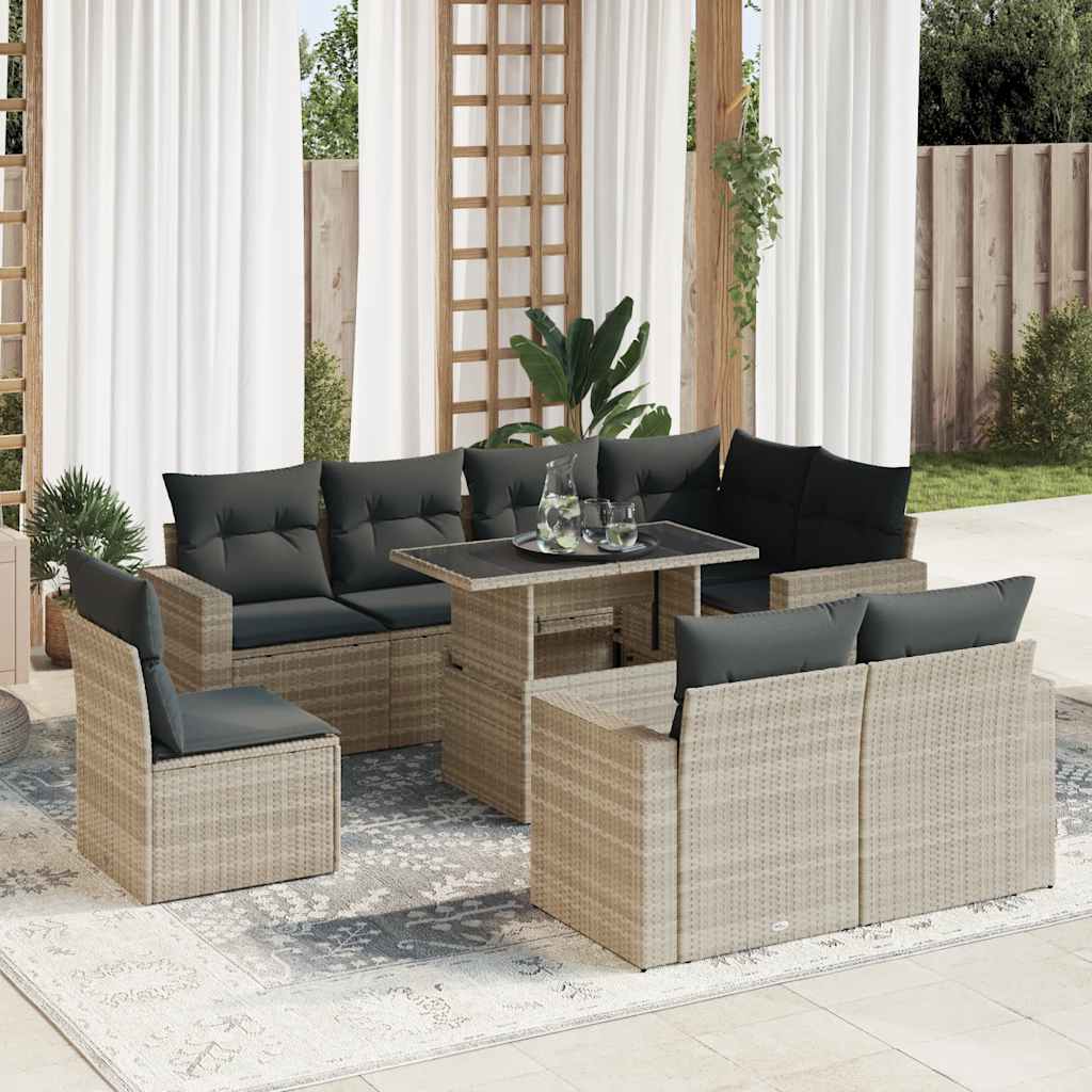 9-tlg. Garten-Sofagarnitur mit Kissen Schwarz Poly Rattan