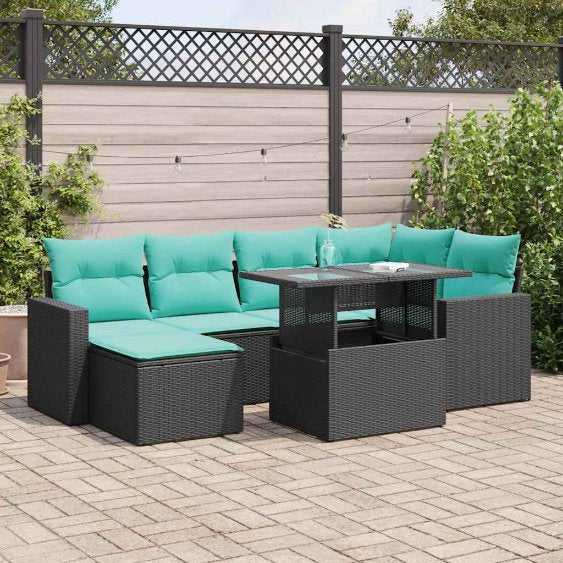 7-teiliges Gartensofa-Set mit Kissen, schwarzes Polyrattan