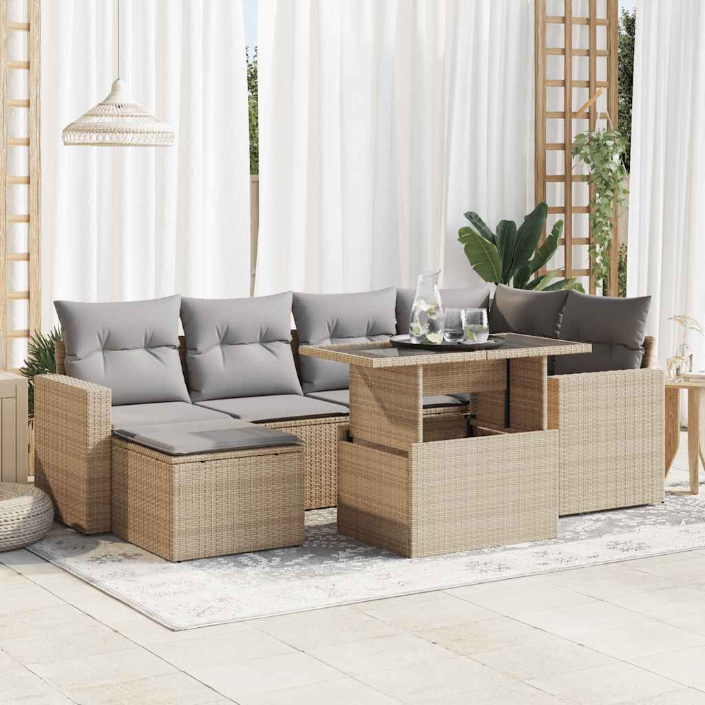 7-tlg. Garten-Sofagarnitur mit Kissen Schwarz Poly Rattan
