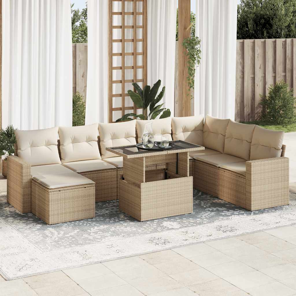 9-tlg. Garten-Sofagarnitur mit Kissen Schwarz Poly Rattan