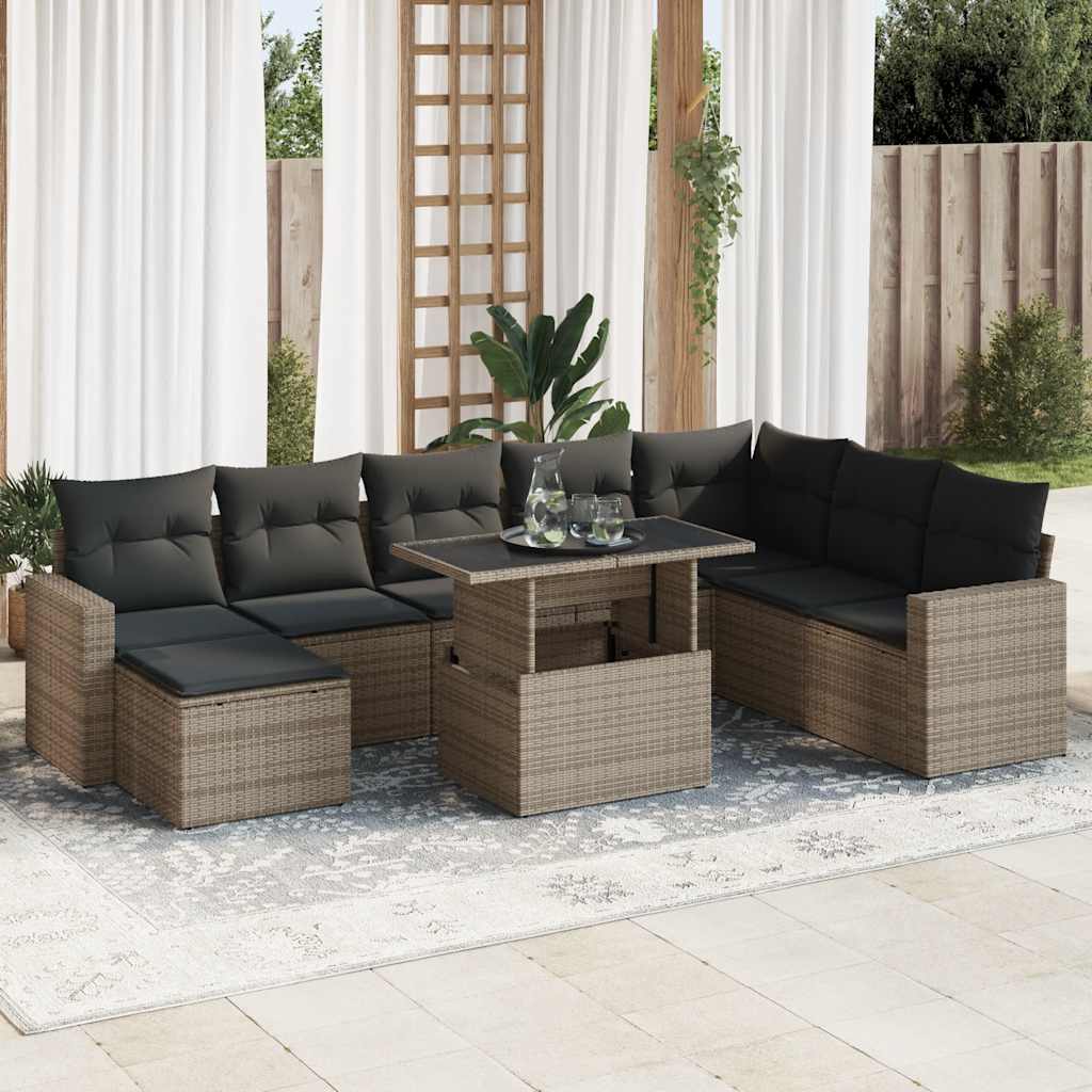 9-tlg. Garten-Sofagarnitur mit Kissen Schwarz Poly Rattan