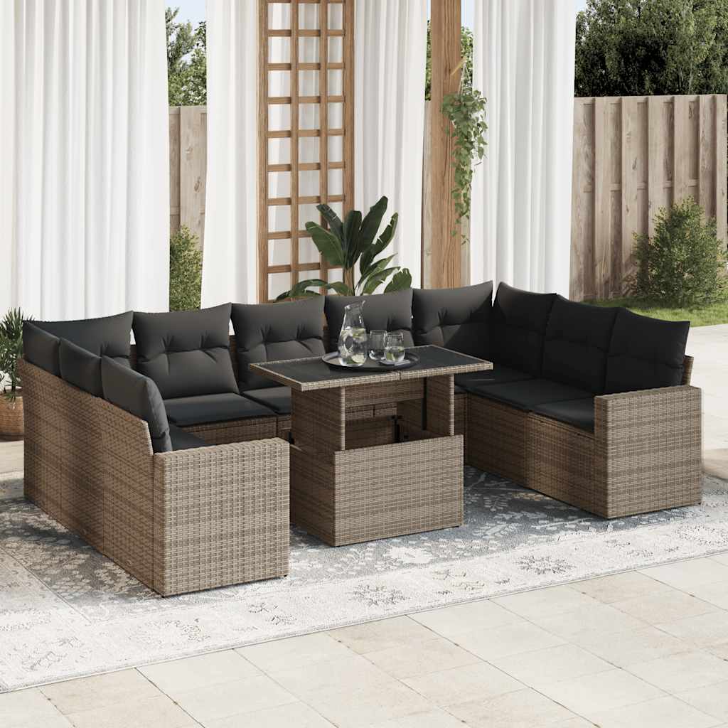 vidaXL 10-tlg. Garten-Sofagarnitur mit Kissen Schwarz Poly Rattan
