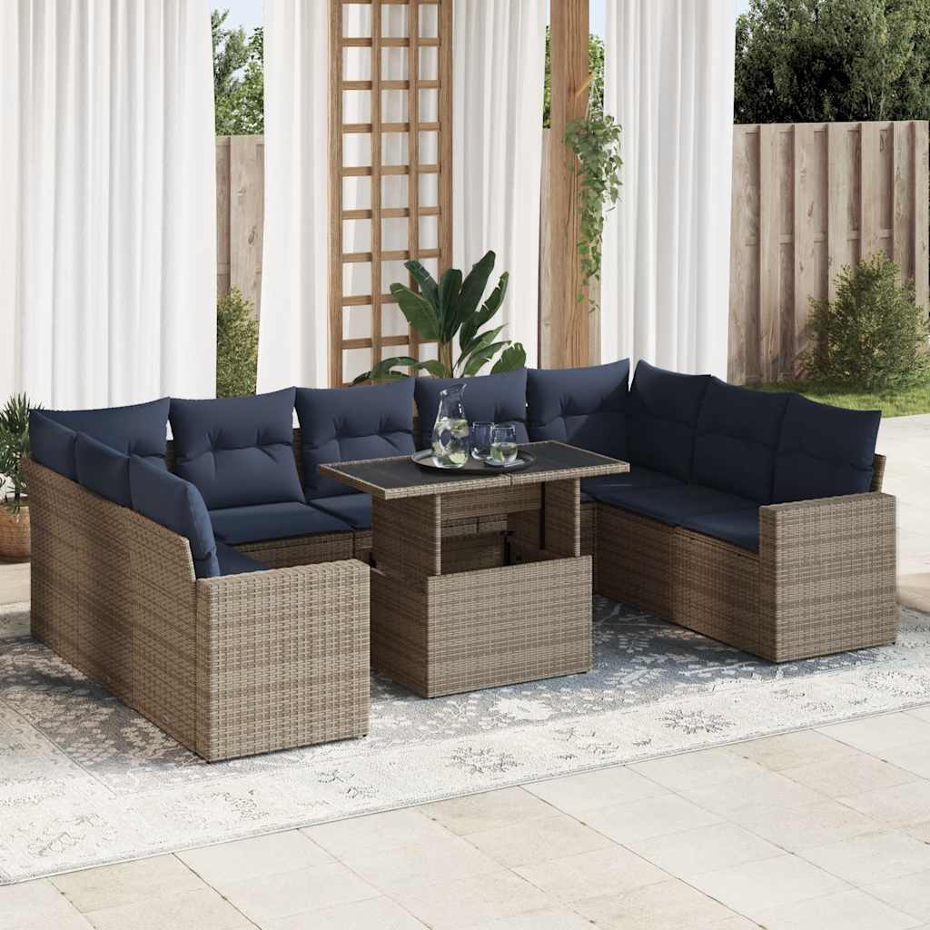 vidaXL 10-teiliges Gartensofa-Set mit Kissen, schwarzes Polyrattan