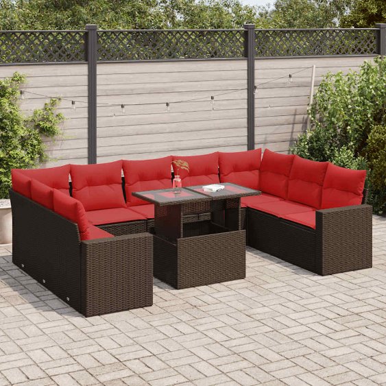 vidaXL 10-teiliges Gartensofa-Set mit Kissen, schwarzes Polyrattan