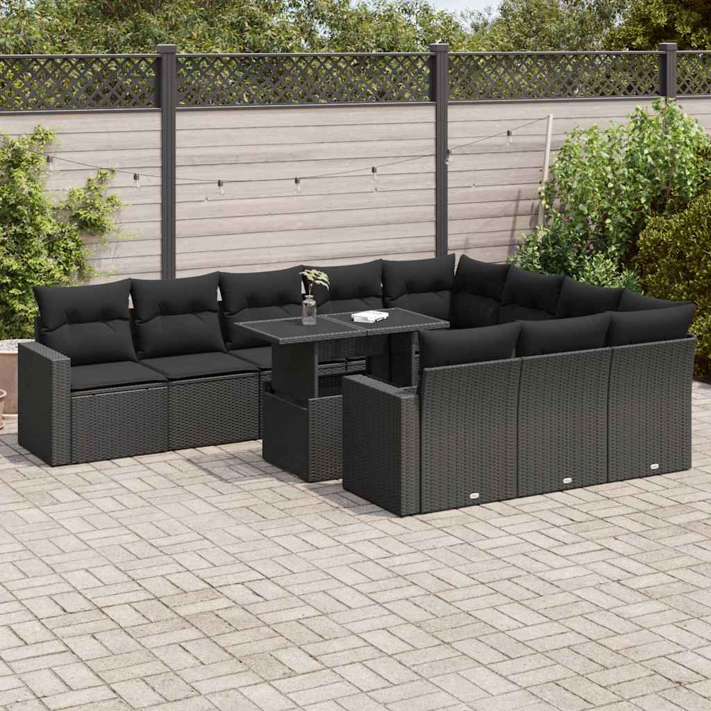 vidaXL 11-tlg. Garten-Sofagarnitur mit Kissen Schwarz Poly Rattan
