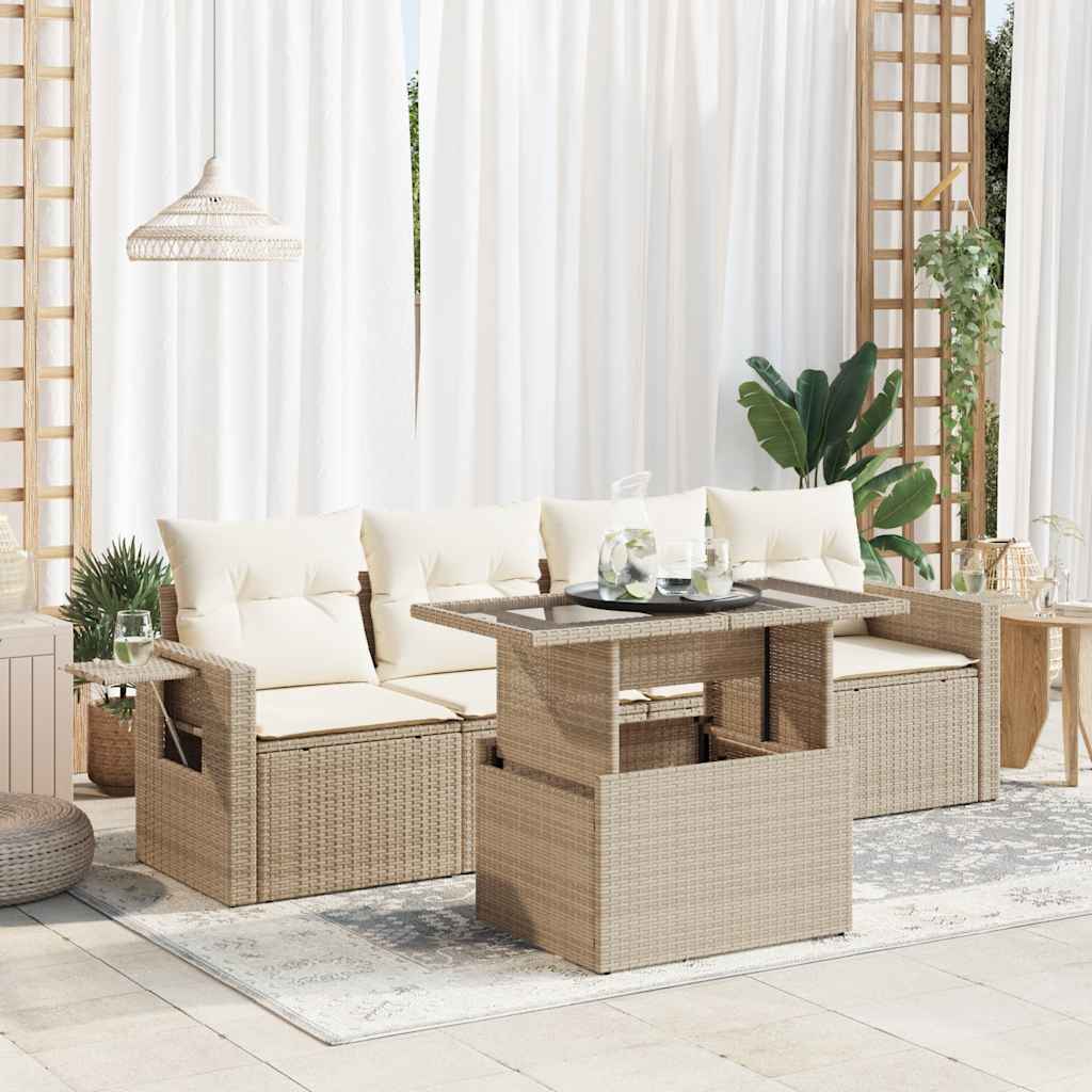 5-tlg. Garten-Sofagarnitur mit Kissen Schwarz Poly Rattan