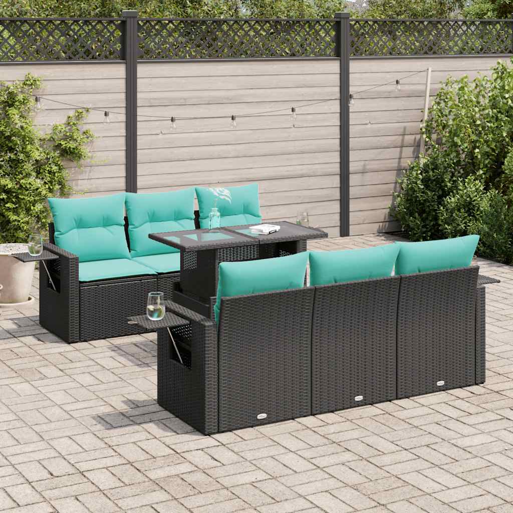 7-tlg. Garten-Sofagarnitur mit Kissen Schwarz Poly Rattan Akazie