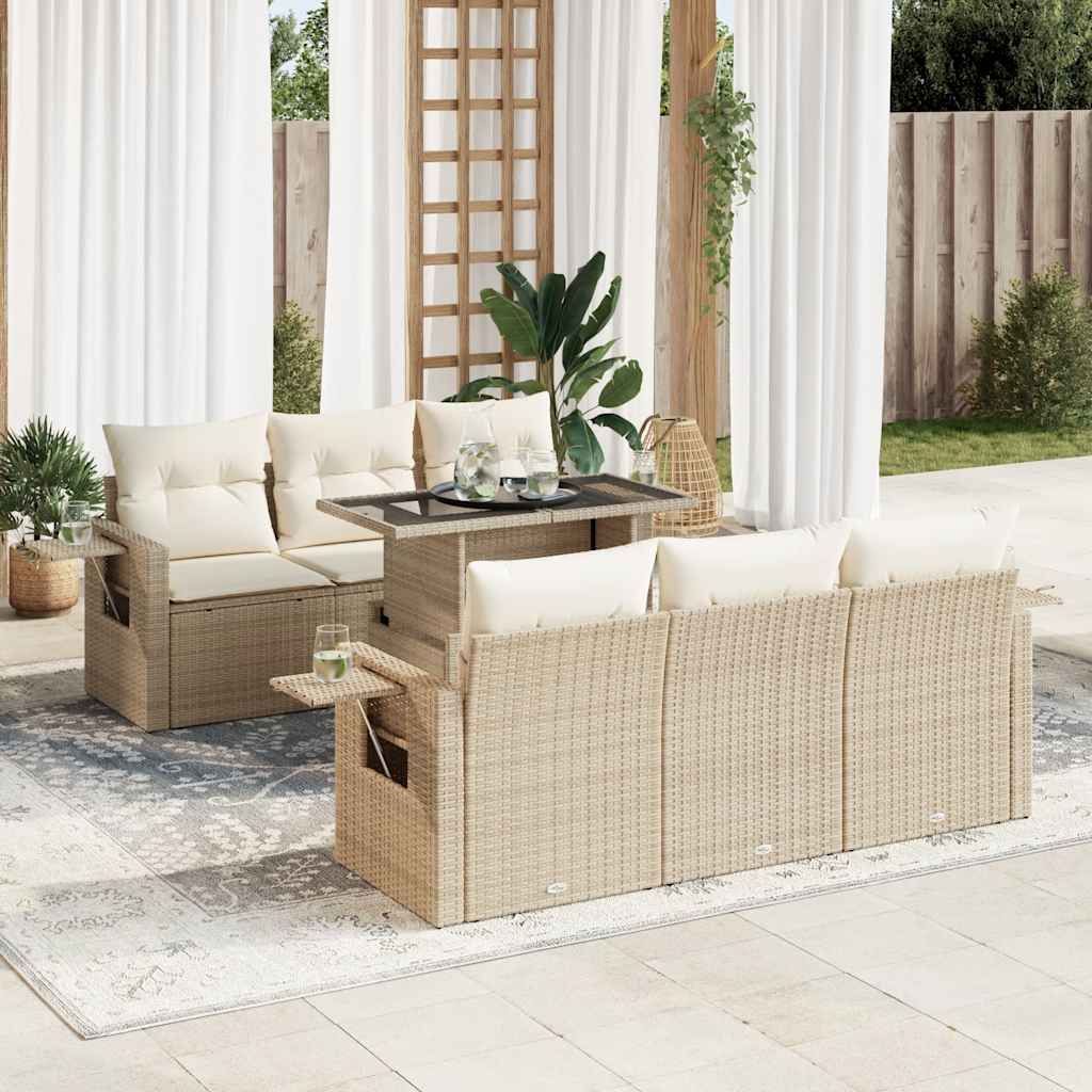 7-tlg. Garten-Sofagarnitur mit Kissen Schwarz Poly Rattan