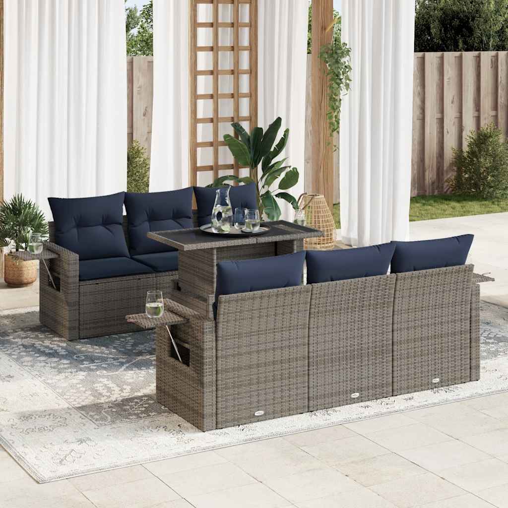 7-tlg. Garten-Sofagarnitur mit Kissen Schwarz Poly Rattan Akazie