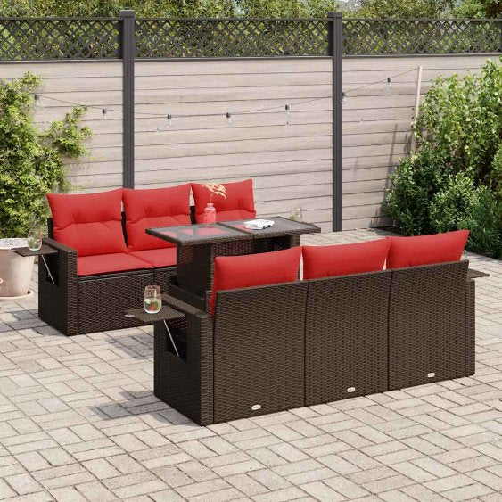 7-tlg. Garten-Sofagarnitur mit Kissen Schwarz Poly Rattan Akazie