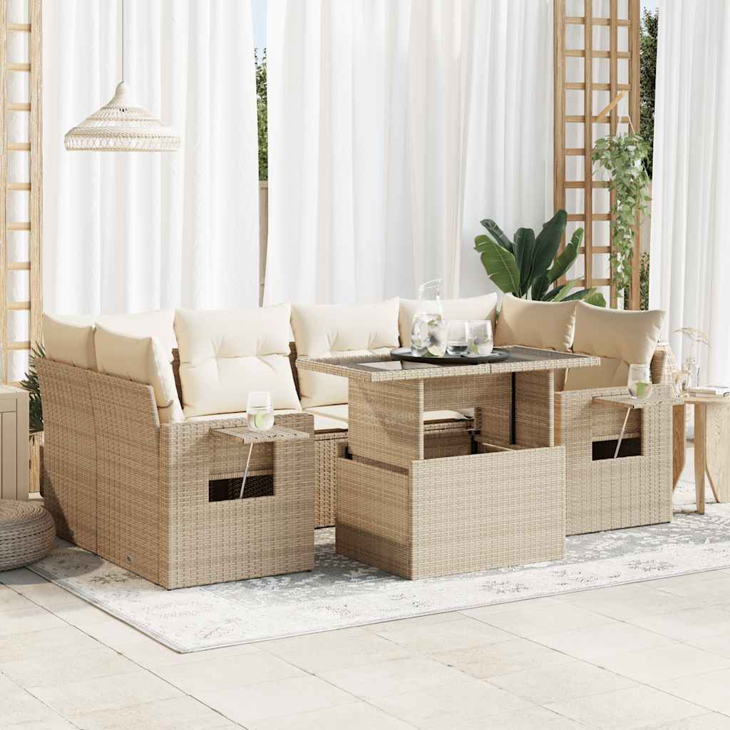 7-tlg. Garten-Sofagarnitur mit Kissen Schwarz Poly Rattan