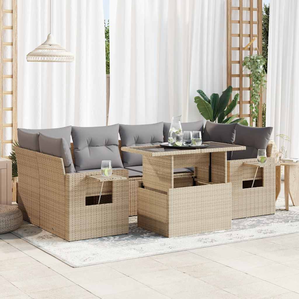 7-tlg. Garten-Sofagarnitur mit Kissen Schwarz Poly Rattan