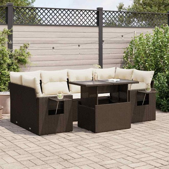 7-tlg. Garten-Sofagarnitur mit Kissen Schwarz Poly Rattan