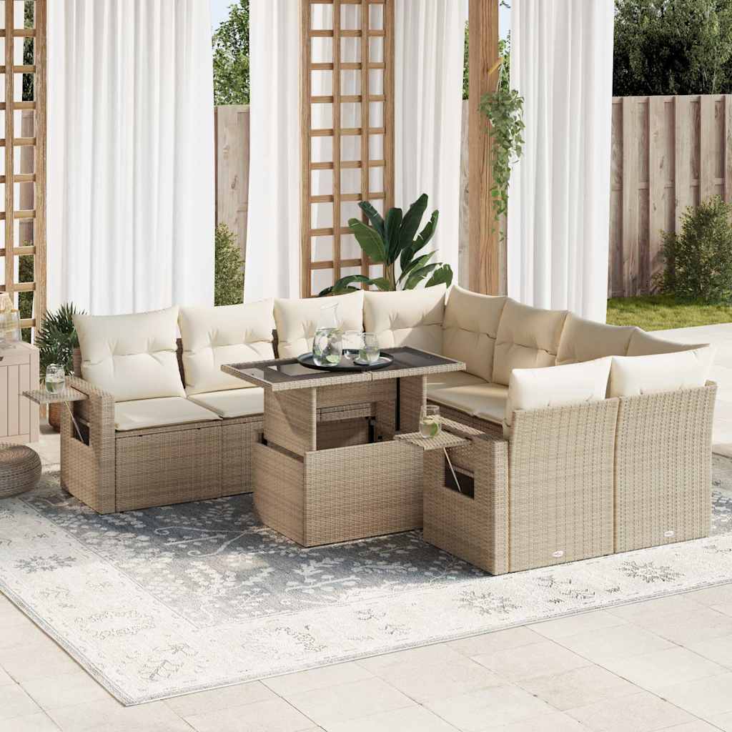 9-tlg. Garten-Sofagarnitur mit Kissen Schwarz Poly Rattan