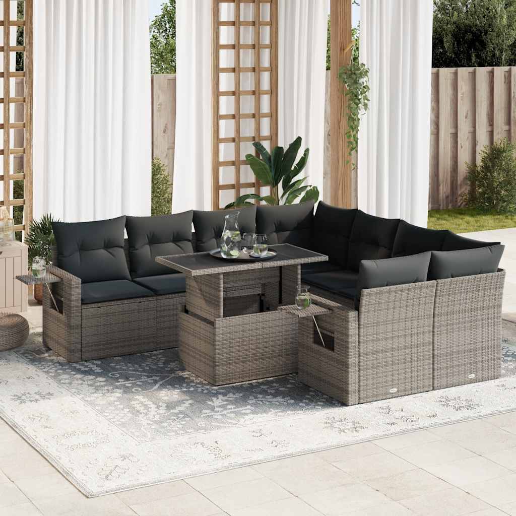 9-tlg. Garten-Sofagarnitur mit Kissen Schwarz Poly Rattan