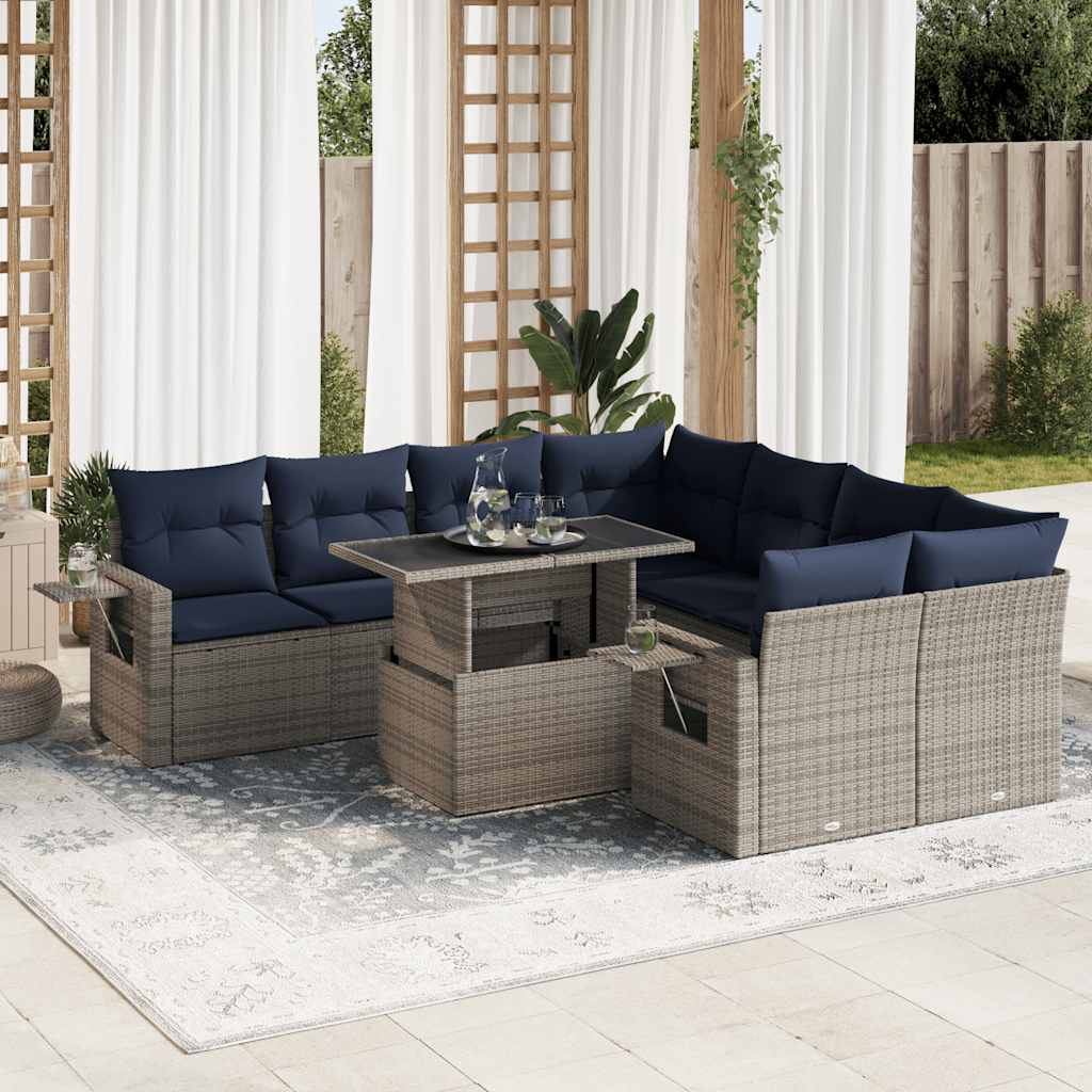 9-teiliges Gartensofa-Set mit Kissen, schwarzes Polyrattan