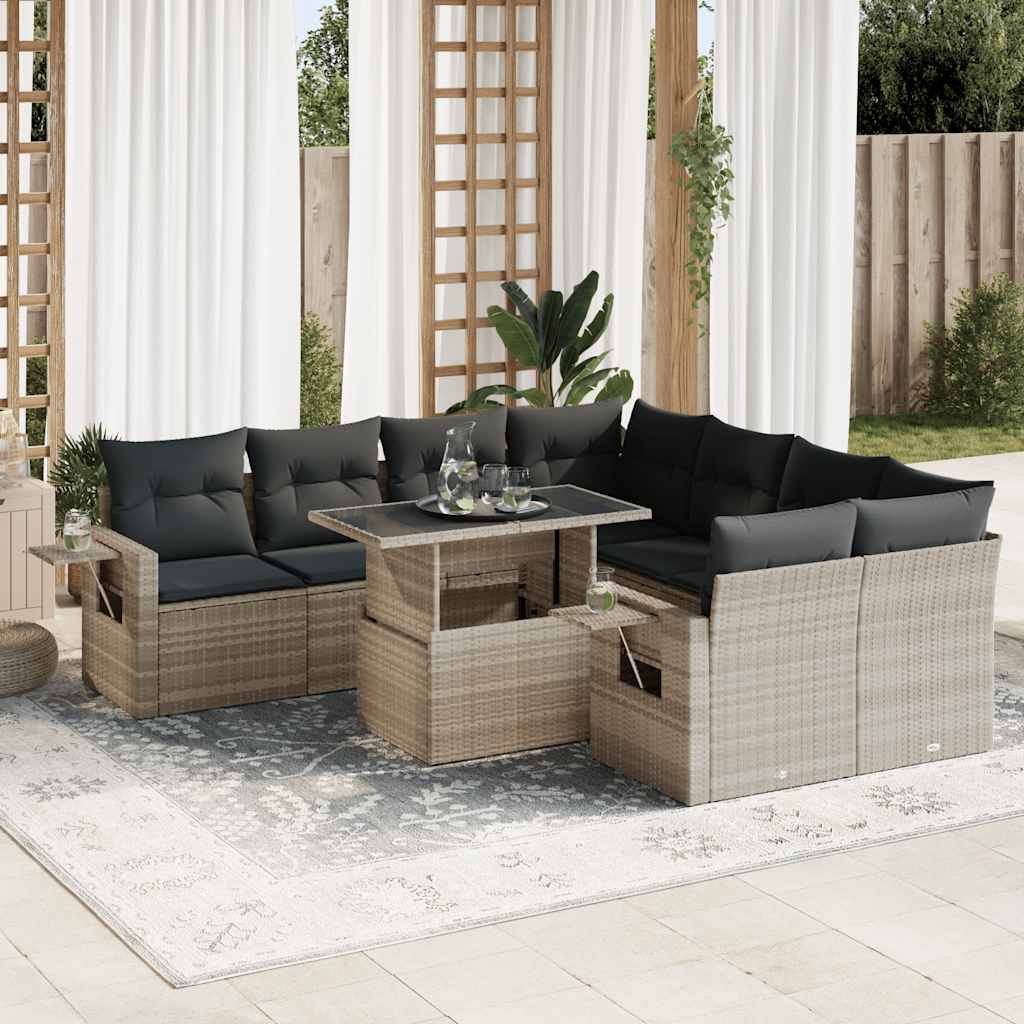 9-tlg. Garten-Sofagarnitur mit Kissen Schwarz Poly Rattan