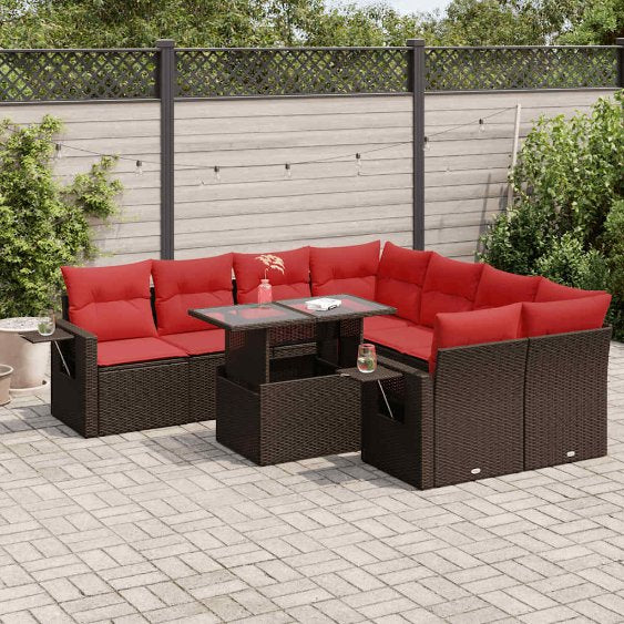 9-teiliges Gartensofa-Set mit Kissen, schwarzes Polyrattan