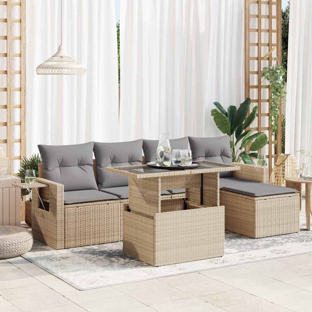 6-tlg. Garten-Sofagarnitur mit Kissen Schwarz Poly Rattan