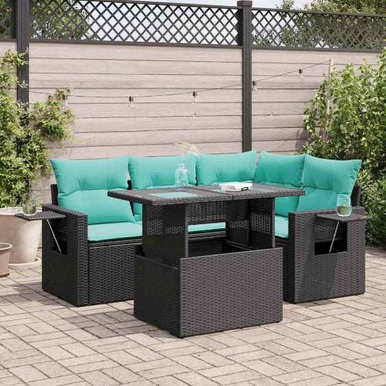 5-teiliges Gartensofa-Set mit Kissen, schwarzes Polyrattan