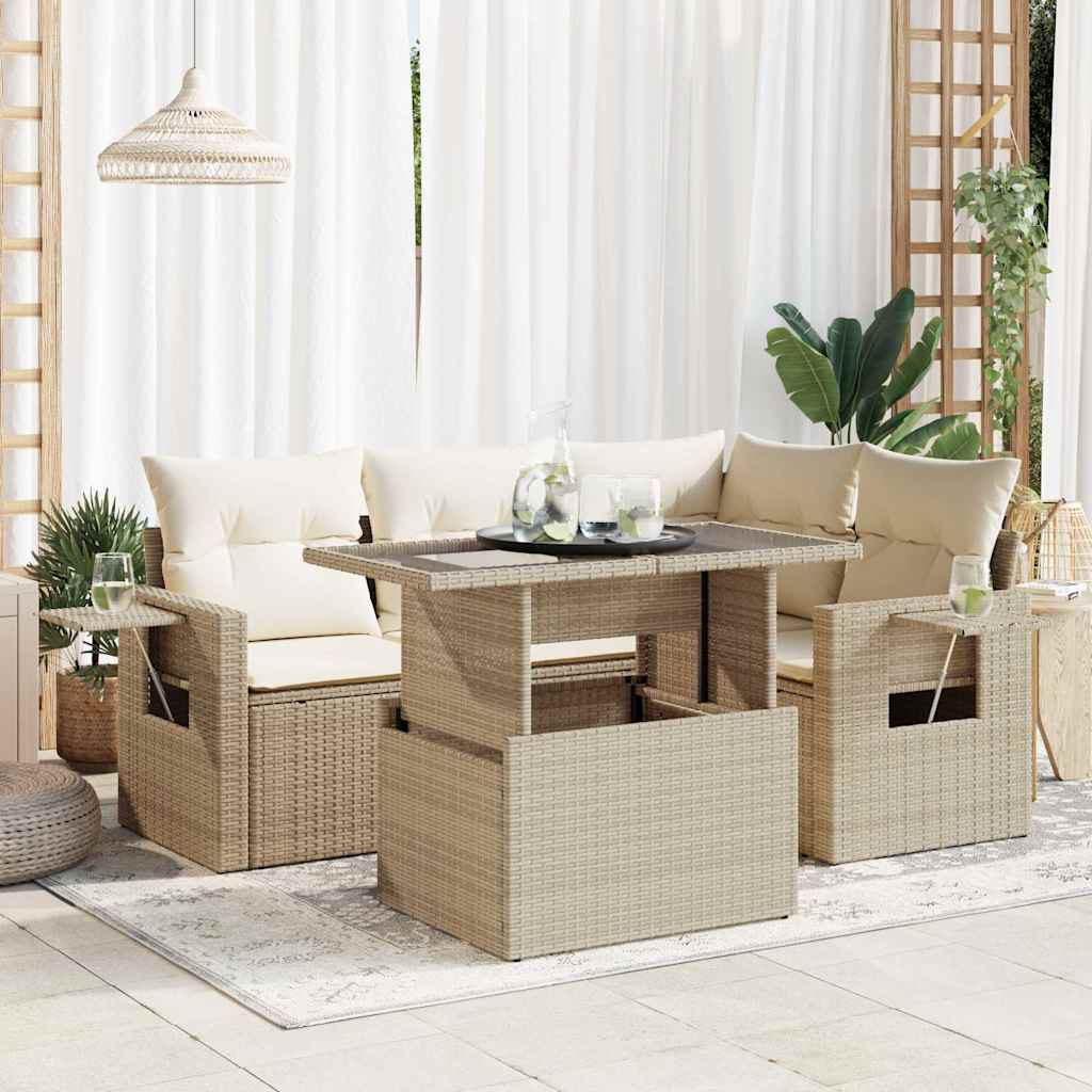 5-tlg. Garten-Sofagarnitur mit Kissen Schwarz Poly Rattan