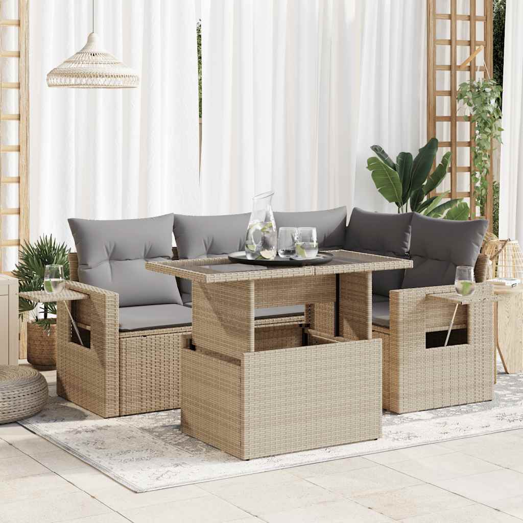 5-tlg. Garten-Sofagarnitur mit Kissen Schwarz Poly Rattan