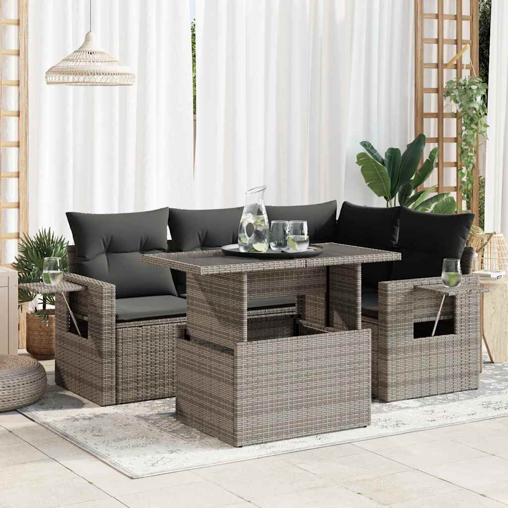 5-tlg. Garten-Sofagarnitur mit Kissen Schwarz Poly Rattan