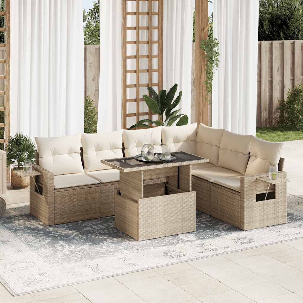 7-tlg. Garten-Sofagarnitur mit Kissen Schwarz Poly Rattan