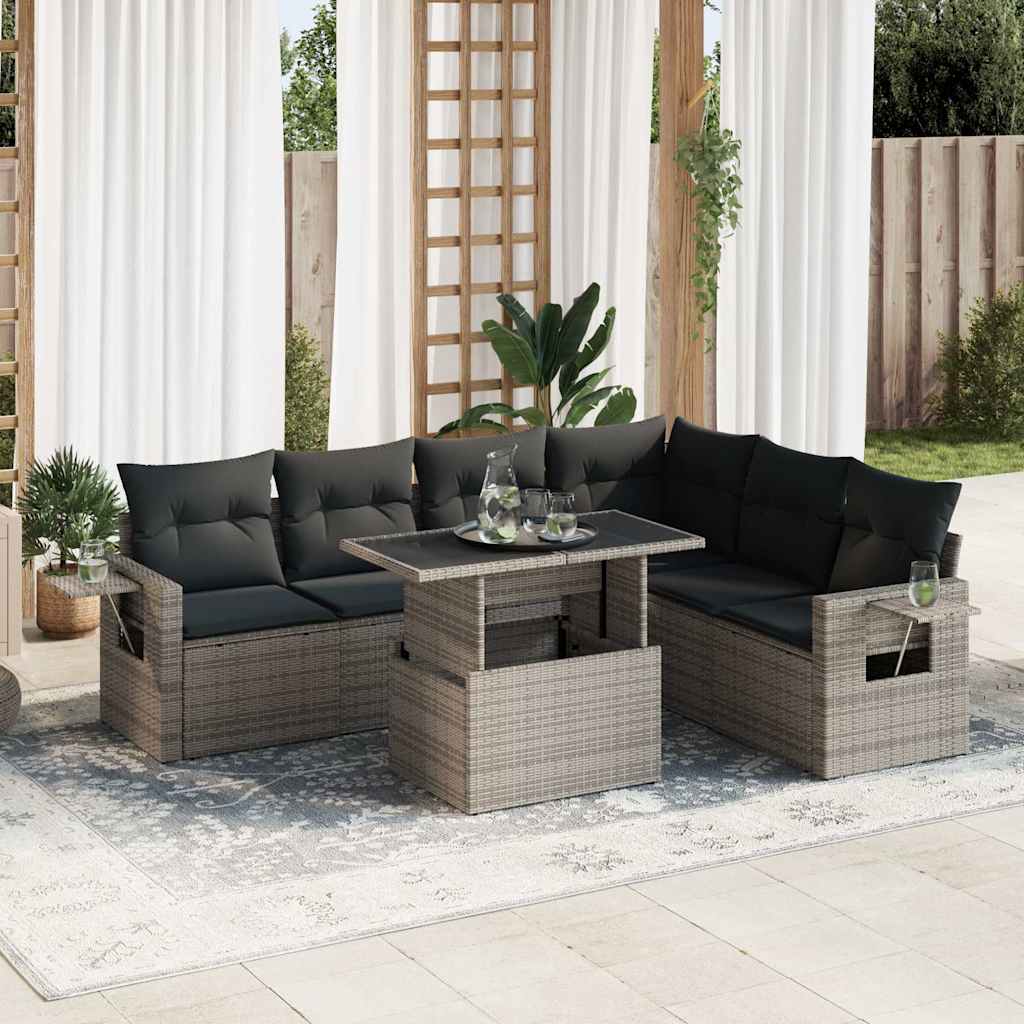 7-tlg. Garten-Sofagarnitur mit Kissen Schwarz Poly Rattan