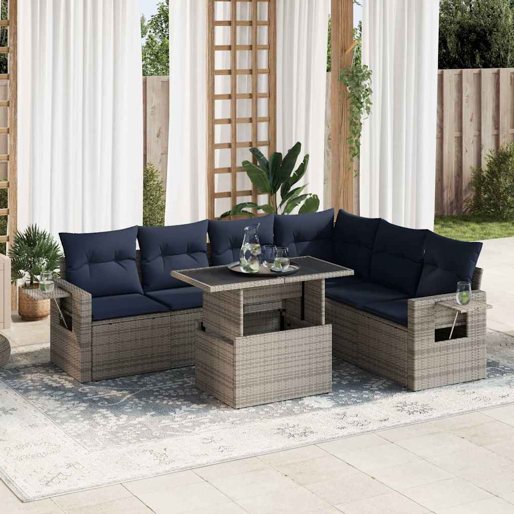 7-teiliges Gartensofa-Set mit Kissen, schwarzes Polyrattan