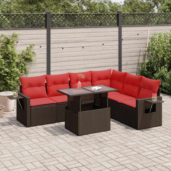 7-teiliges Gartensofa-Set mit Kissen, schwarzes Polyrattan