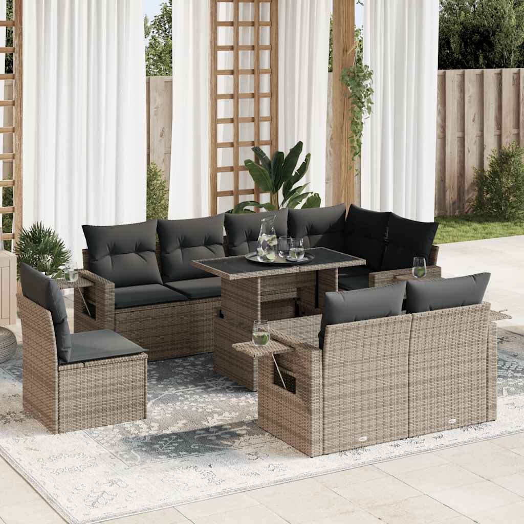 9-tlg. Garten-Sofagarnitur mit Kissen Schwarz Poly Rattan