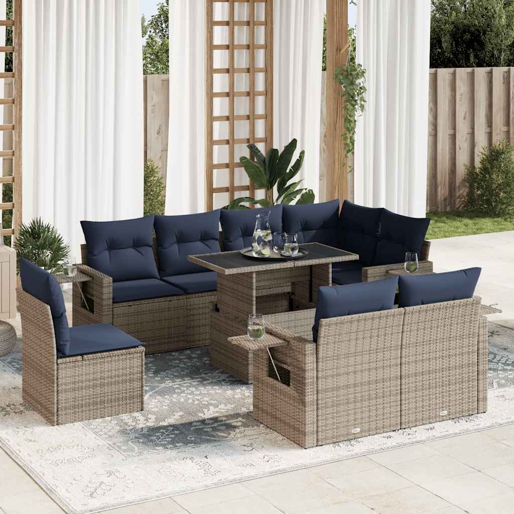 9-teiliges Gartensofa-Set mit Kissen, schwarzes Polyrattan