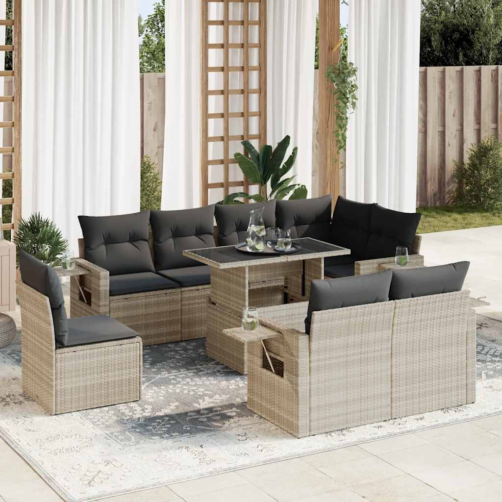 9-tlg. Garten-Sofagarnitur mit Kissen Schwarz Poly Rattan