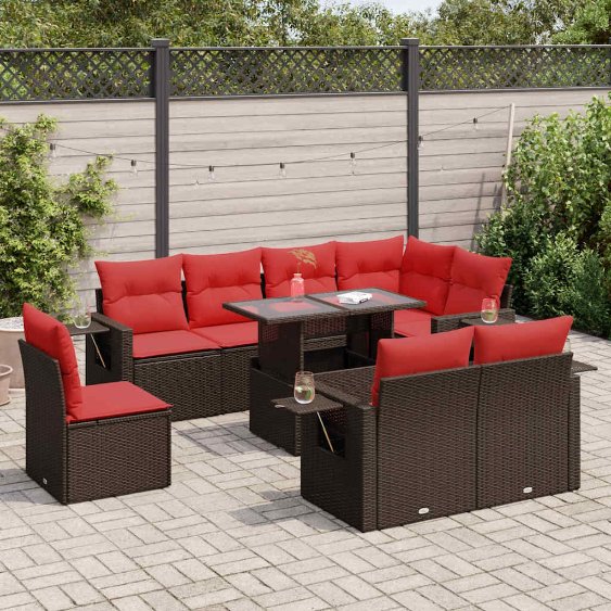 9-teiliges Gartensofa-Set mit Kissen, schwarzes Polyrattan