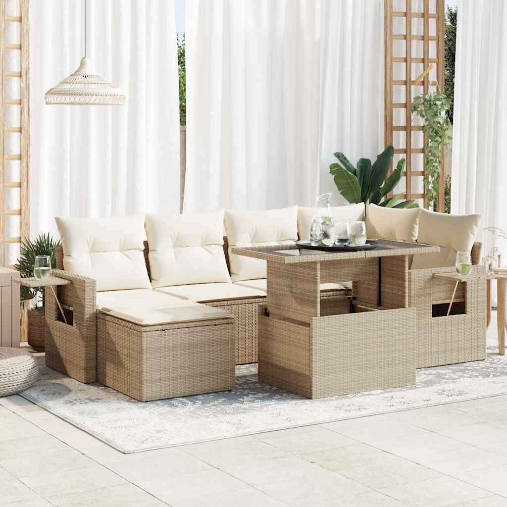 7-tlg. Garten-Sofagarnitur mit Kissen Schwarz Poly Rattan