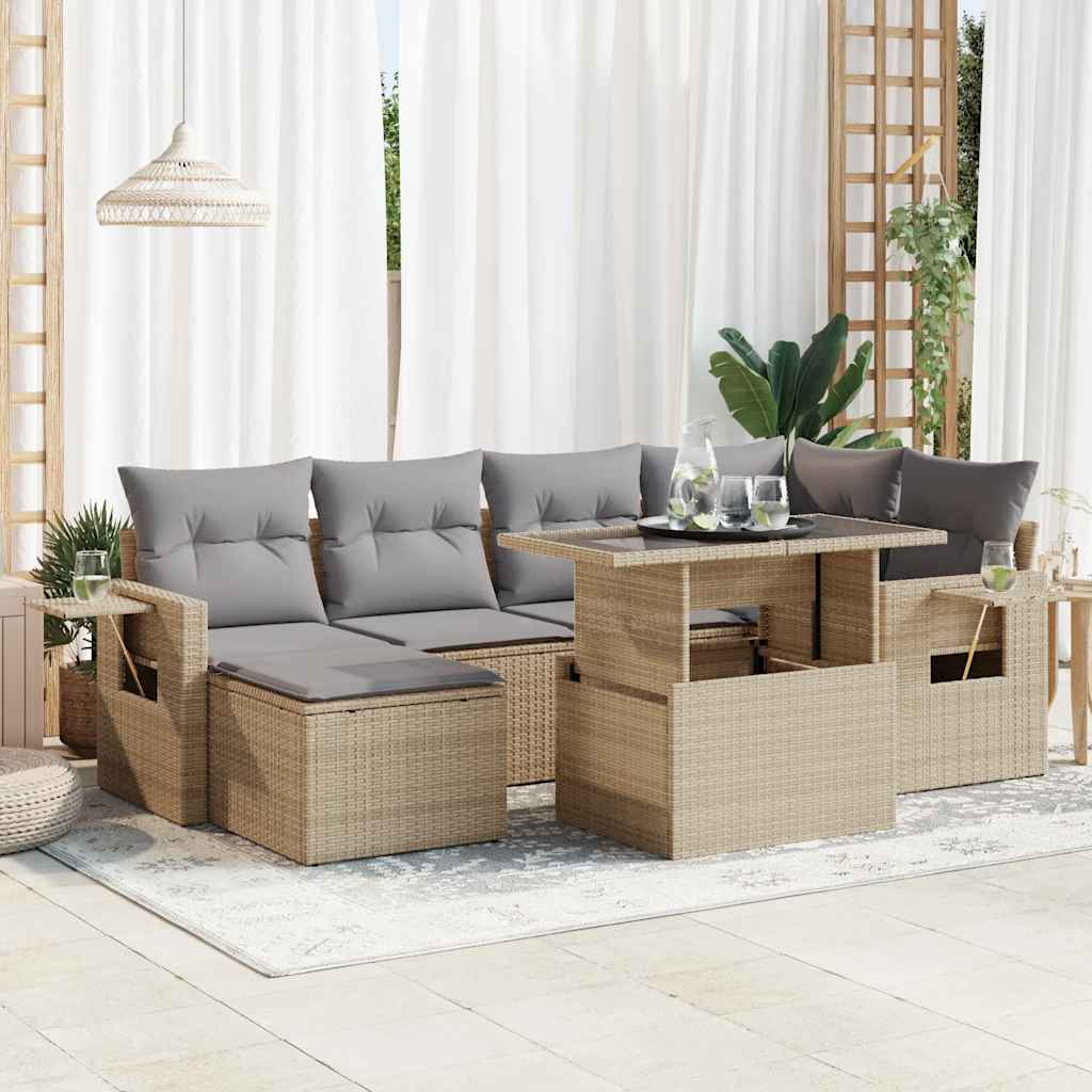 7-tlg. Garten-Sofagarnitur mit Kissen Schwarz Poly Rattan