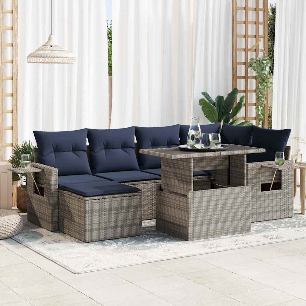 7-teiliges Gartensofa-Set mit Kissen, schwarzes Polyrattan