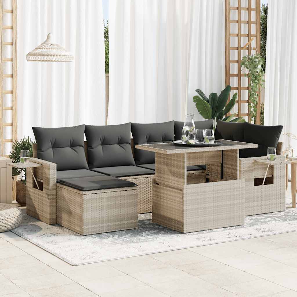 7-tlg. Garten-Sofagarnitur mit Kissen Schwarz Poly Rattan