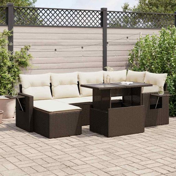 7-tlg. Garten-Sofagarnitur mit Kissen Schwarz Poly Rattan