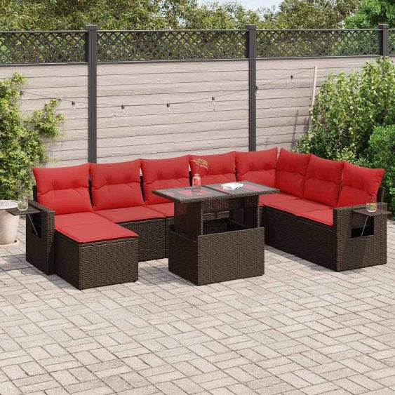 9-teiliges Gartensofa-Set mit Kissen, schwarzes Polyrattan